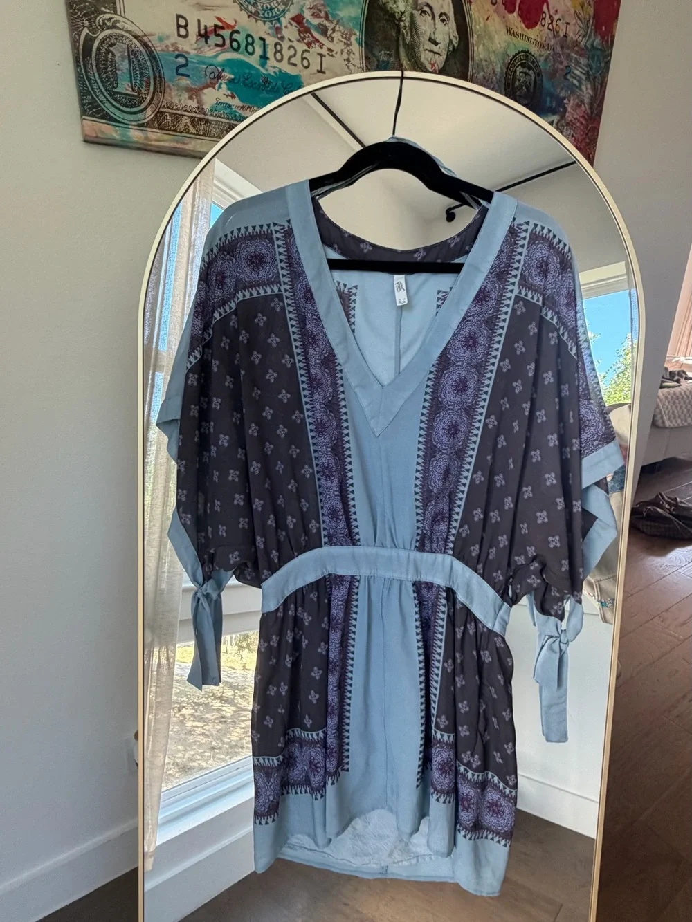 Free People Light Blue and Charcoal Printed V-Neck Tunic Dress